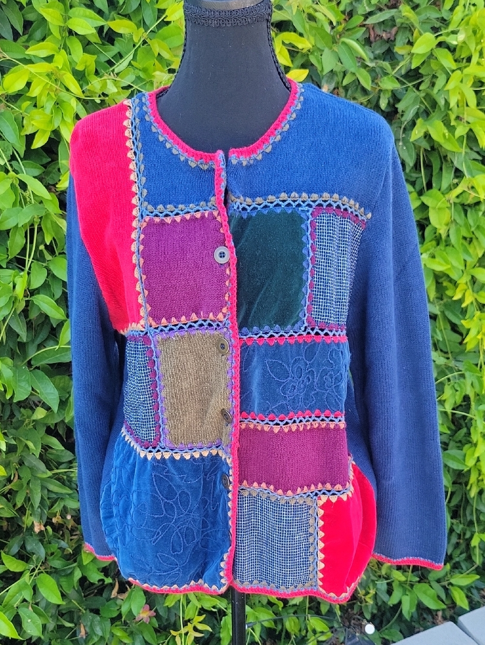Vintage Koret Colorful Patchwork Cottagecore Eclectic Button Up Cardigan Sz L